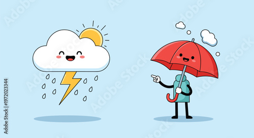 Cute weather characters featuring a happy storm cloud with lightning and an umbrella character pointing to the side.