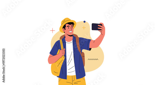 Young male traveler with a hat and backpack taking a selfie with his smartphone while smiling during his trip vacation.
