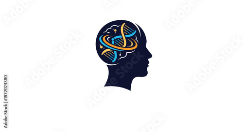 Silhouette of a human head with a DNA double helix inside the brain area representing genetics and neuroscience research.