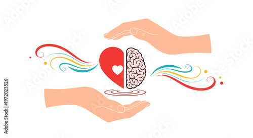Two hands protecting a heart and brain split down the middle representing emotional and mental health balance concept.