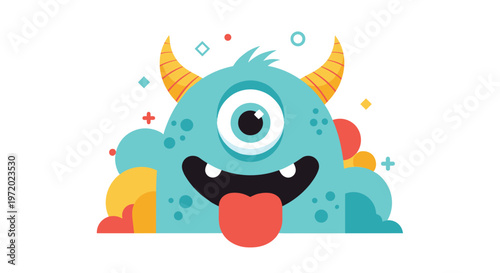 Funny one eyed blue monster with horns and its tongue sticking out surrounded by colorful abstract shapes for kids.