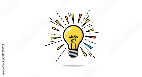 Glowing yellow light bulb with radiant lines on a white background symbolizing inspiration creativity and a new idea.