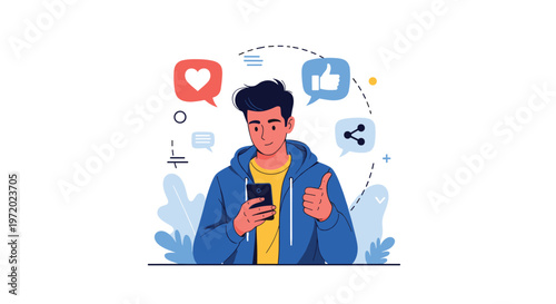 Young man looking at his smartphone with floating social media icons for likes hearts and sharing around him for apps.