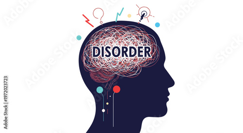 Silhouette of a human head with a scribbled brain and the word disorder across it representing mental health issues.