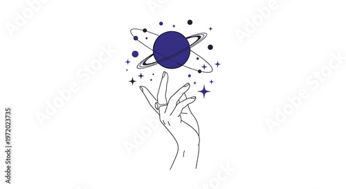 Mystical hand reaching toward a stylized blue planet with rings surrounded by sparkling stars and celestial magic elements on a white background.