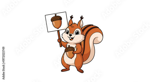 Cheerful cartoon squirrel holding a sign featuring an acorn and clutching another acorn in its hand on a plain white background for autumn themes.
