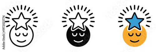 Creative icon showing a happy face with a glowing star, symbolizing inspiration, brilliant ideas, mindfulness, success, and positive thinking