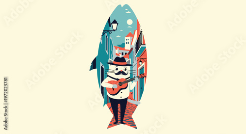 Whimsical illustration of a cat wearing a hat playing guitar on a European cobblestone street framed within the silhouette of a large fish.