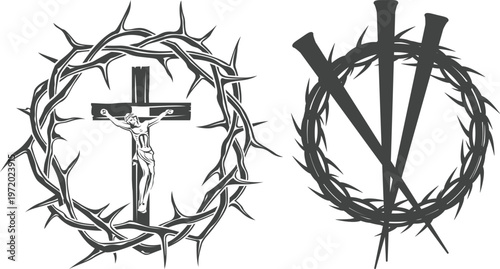 Jesus Christ portrait icon set with crown of thorns and Christian symbols including cross and crucifix on white background, ideal for religious and spiritual designs.