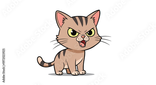 Cute cartoon illustration of an angry brown tabby kitten with yellow eyes showing its teeth and arched back on a white background with a shadow.