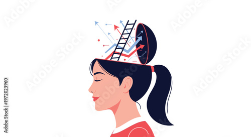 Conceptual illustration of a woman's head opening to reveal a ladder and rising growth arrows symbolizing personal development and mental success.