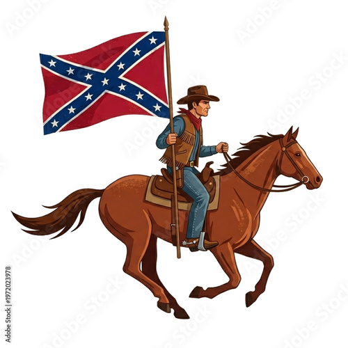 cowboy ride horse bring confederate flag vector