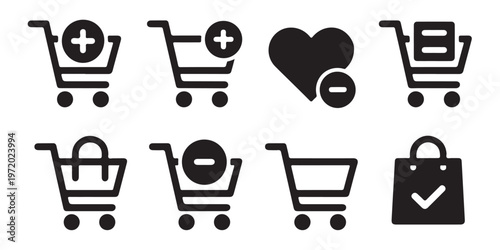 Online shopping interface elements with various cart states and heart wishlist icons for mobile apps