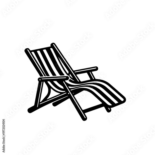 Classic vintage striped deck chair icon. Minimalist black and white vector of a traditional wooden folding beach chair, perfect for retro summer designs and seaside nostalgia.
 