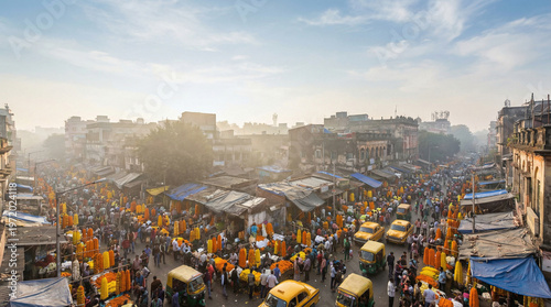 Aerial view bustling South Asian city market, vibrant crowds, yellow auto-rickshaws, colorful vendor stalls under bright sky, energetic urban pulse