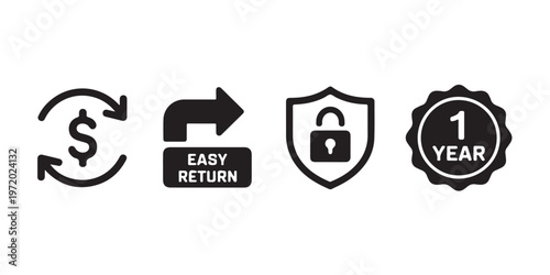 Collection of minimalist e-commerce trust badges with currency exchange and secure lock symbols