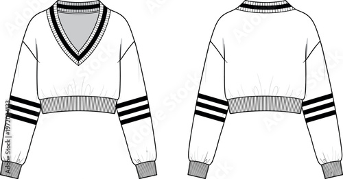 Fashion Technical Sketch of a Women's Cropped V-Neck Knit Sweater with Varsity Stripes on Sleeves and Ribbed Trim Vector Template