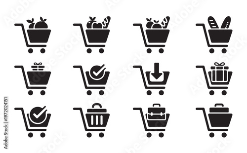 Diverse shopping cart icons collection with grocery items gift boxes and order status symbols