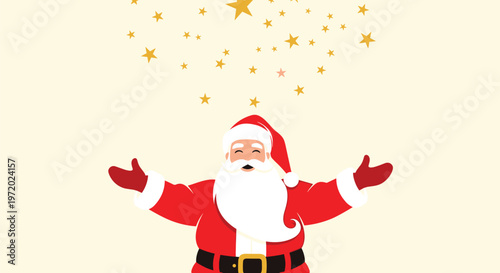 Happy Santa Claus wearing his iconic red suit and hat with arms wide open under a shower of falling golden stars on a warm cream background.