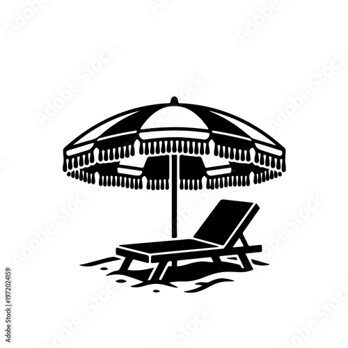 Vintage beach umbrella icon with decorative fringe details. Elegant black and white retro parasol vector, perfect for luxury resort branding, classic summer themes, and boutique travel graphics.
