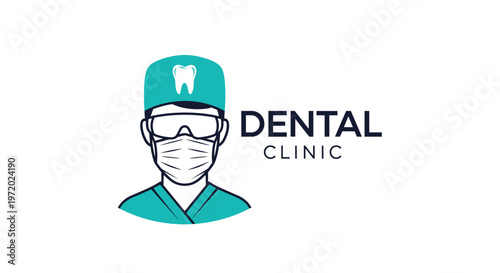 Professional dental clinic logo showing a dentist wearing a surgical cap with a tooth icon and a medical face mask and protective glasses.