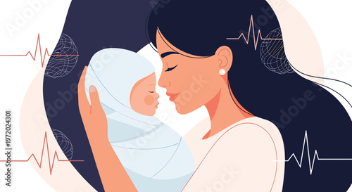 Loving mother holding her newborn baby wrapped in a white blanket with abstract heartbeat lines and textures in the background for motherhood themes.