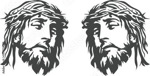 Jesus Christ portrait icon set with crown of thorns and Christian symbols including cross and crucifix on white background, ideal for religious and spiritual designs.
