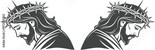 Jesus Christ portrait icon set with crown of thorns and Christian symbols including cross and crucifix on white background, ideal for religious and spiritual designs.