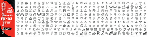 Gym and fitness icon set. Containing healthy lifestyle, weight training, body care and workout or exercise equipment icons.
