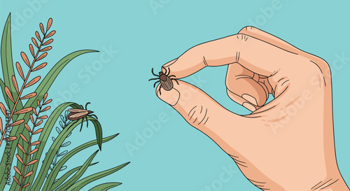 Educational illustration showing a hand picking a tick from grass to warn about pests, parasites, and Lyme disease prevention in the outdoors.