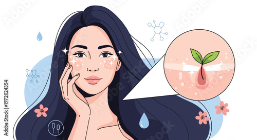 Beautiful woman with glowing skin and a magnifying circle showing a plant sprout growing from a pore for natural beauty and organic skincare concepts.
