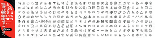 Gym and fitness icon set. Containing healthy lifestyle, weight training, body care and workout or exercise equipment icons.