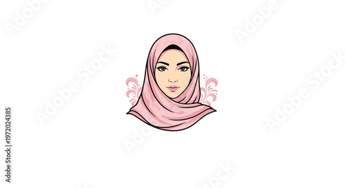 Stylized portrait of a beautiful woman wearing a pink hijab decorated with delicate floral patterns and ornaments for modesty and fashion themes.