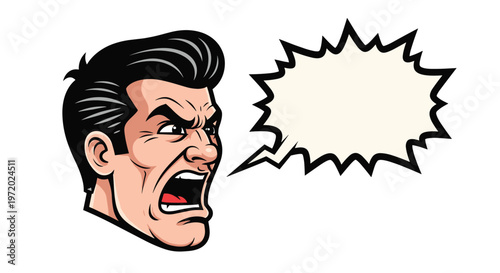 Angry man with a classic pompadour hairstyle yells loudly while a blank comic book speech bubble sits next to his head.