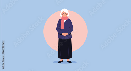 Senior woman with white hair and round glasses wears a purple sweater and long black skirt against a soft blue background.