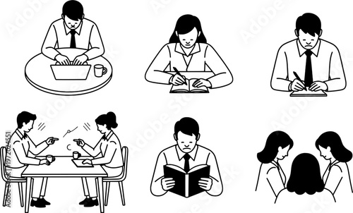 Minimalist top-down view working people icon set, professional collaboration vector, "Created with AI assistance and manually refined."