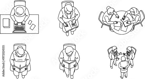 Clean outline business team collaboration symbols collection, top view characters set, "Created with AI assistance and manually refined."