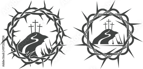 Jesus Christ portrait icon set with crown of thorns and Christian symbols including cross and crucifix on white background, ideal for religious and spiritual designs.