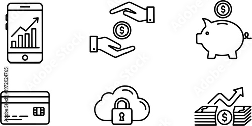 Clean outline secure mobile payments and investment symbols collection, "Created with AI assistance and manually refined."