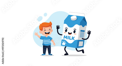 Cheerful young boy waves at a personified carton of milk with a happy face and arms to promote healthy habits for children.