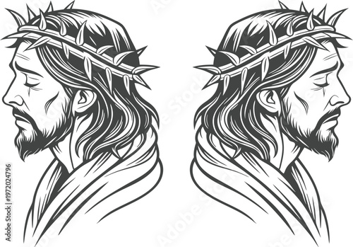Jesus Christ portrait icon set with crown of thorns and Christian symbols including cross and crucifix on white background, ideal for religious and spiritual designs.