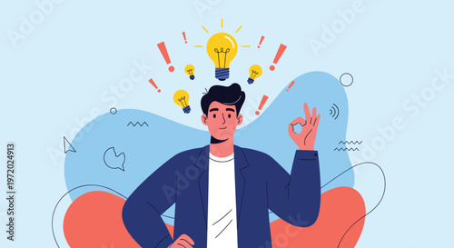 Smiling young man with glowing light bulbs appearing above his head makes an okay sign to show a successful bright idea.