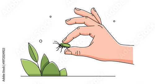 Close-up of a human hand carefully picking up a small green beetle from a leaf to study nature in a clean modern style.