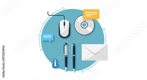 Various business stationery items like pens an envelope a computer mouse and a cd arranged in a circle on a blue base.