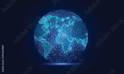 Glowing Abstract low poly Earth planet interconnected nodes forming global communication web