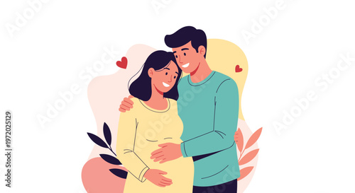 Happy young couple with the man hugging the pregnant woman from behind surrounded by floating hearts and soft shapes.