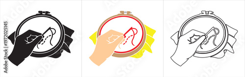 Elegant embroidery hoop hand silhouette, colored and outline variations showcasing needlework artistry and textile craft