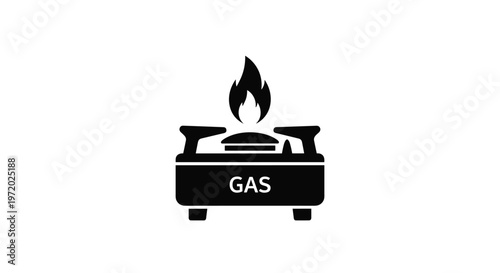 Black silhouette icon of a gas stove with a flame on top and the word gas written in white on the front panel.