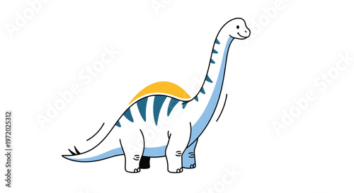 Friendly blue and white long-necked dinosaur with dark stripes and a yellow semi-circle on its back standing against a plain white background.