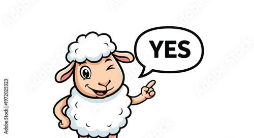 Cute cartoon sheep winking and pointing one finger towards a speech bubble containing the word yes to indicate agreement or positive confirmation.
